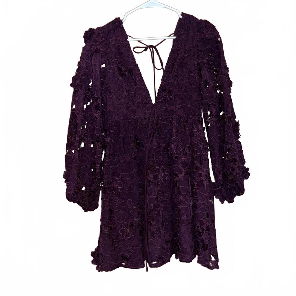 Altar'd State Wine Floral Lace Long Sleeve Dress V Neck Short NWT Whimsigoth